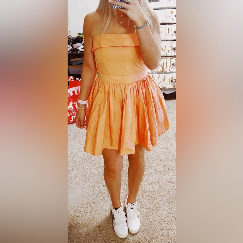 Mable Women L Strapless Cotton Babydoll Orange Dress Boho Fall Preppy Retro